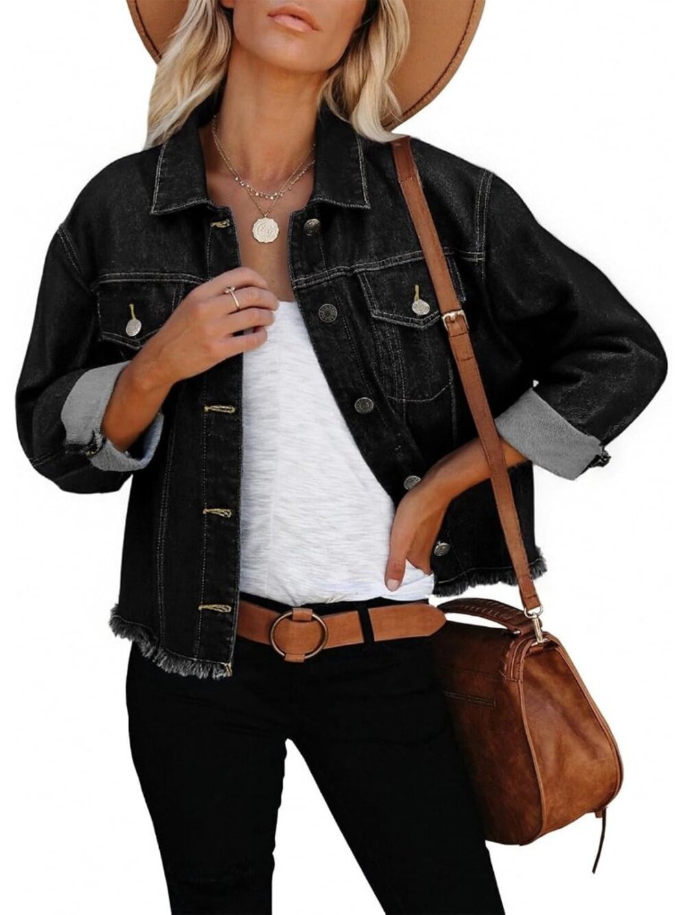 Women’s Black Washed Button Down Cropped Frayed Stretch Shacket Jean Jacket